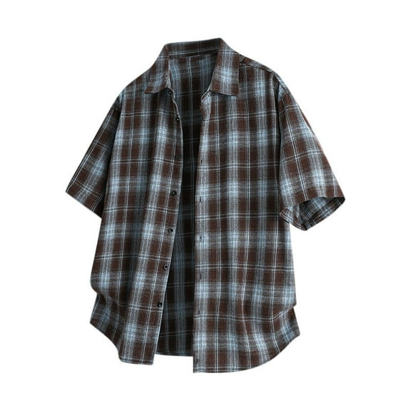 Mens Shirts Under $10 Men's Short Sleeve Button Up Shirts Collared Cotton Checkered Cuban Dress Shirt Casual Vintage Summer Plaid T-Shirt Blue XXL
