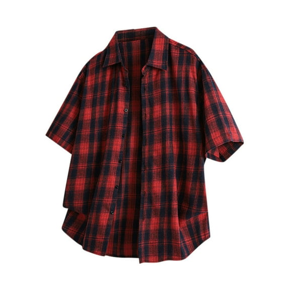 Mens Shirts Under $10 Men's Short Sleeve Button Up Shirts Collared Cotton Checkered Cuban Dress Shirt Casual Vintage Summer Plaid T-Shirt Red L