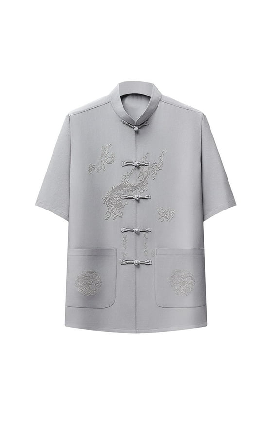 Mens Shirts Under $10 Men's Short Sleeve Mandarin Collar Kung Fu Shirts Chinese Traditional Embroidered Tai Chi Frog-Button Shirt Gray M