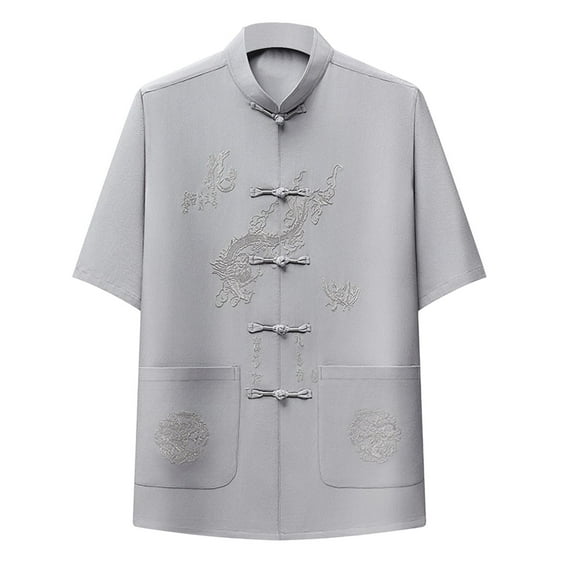 Mens Shirts Under $10 Men's Short Sleeve Mandarin Collar Kung Fu Shirts Chinese Traditional Embroidered Tai Chi Frog-Button Shirt Gray M