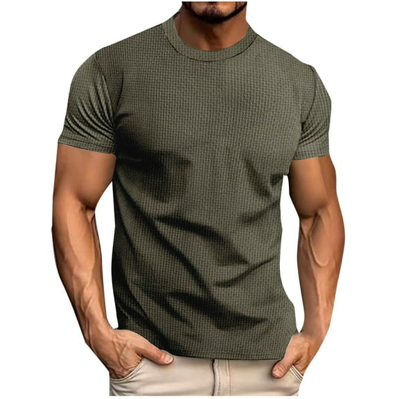 Mens Shirts Under $10 Men's Short Sleeve Waffle Knit Shirts, Casual Textured Crew Neck Summer T-Shirts Lightweight Solid Pullover Tee Army Green XXL