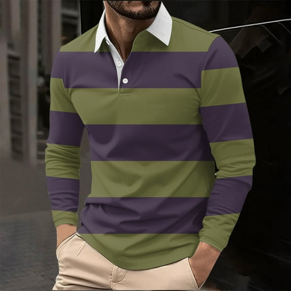 Mens Shirts Under $10 Men's Striped Lapel Long Sleeved Shirt - Casual Golf Shirt, Loose Business Shirt