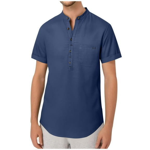 Mens Shirts Under $10 Men's Summer Lightweight Cotton Linen Shirts Casual Short Sleeve Button Up Stand Collar Henley Top for Beach Vacation Blue L