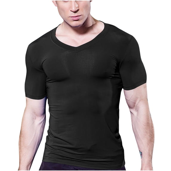Mens Shirts Under $10 Men's V-Neck Compression T-Shirt Short Sleeve Muscle Fit Gym Workout Moisture Wicking Stretchy Tee Tops Black XXL