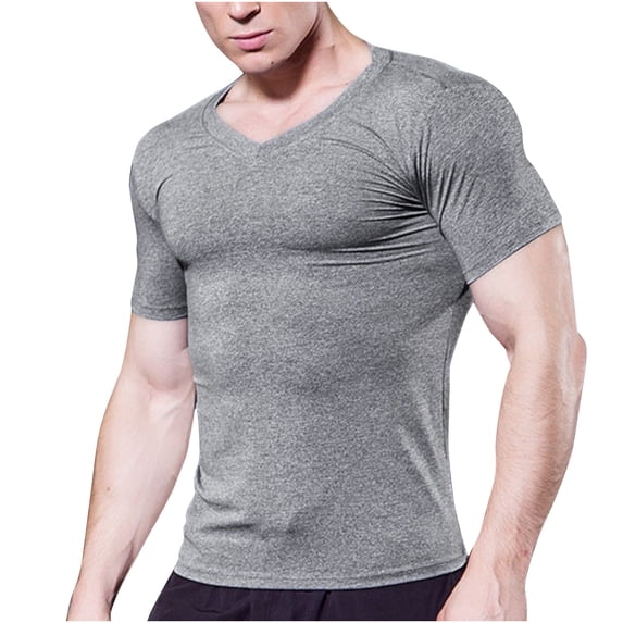 Mens Shirts Under $10 Men's V-Neck Compression T-Shirt Short Sleeve Muscle Fit Gym Workout Moisture Wicking Stretchy Tee Tops Gray L
