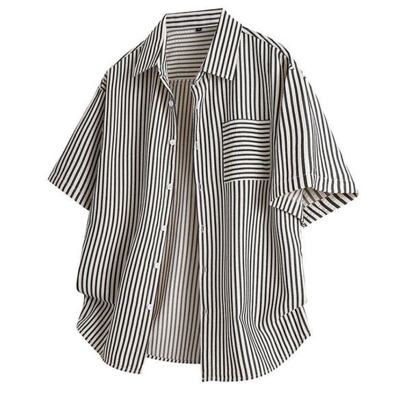Mens Shirts Under $10 Men's Vertical Stripes Casual Button Down Shirt - Loose Short Sleeve Summer Lapel Cardigan Shirts with Pocket Black L