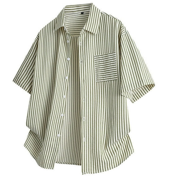 Mens Shirts Under $10 Men's Vertical Stripes Casual Button Down Shirt - Loose Short Sleeve Summer Lapel Cardigan Shirts with Pocket Green L