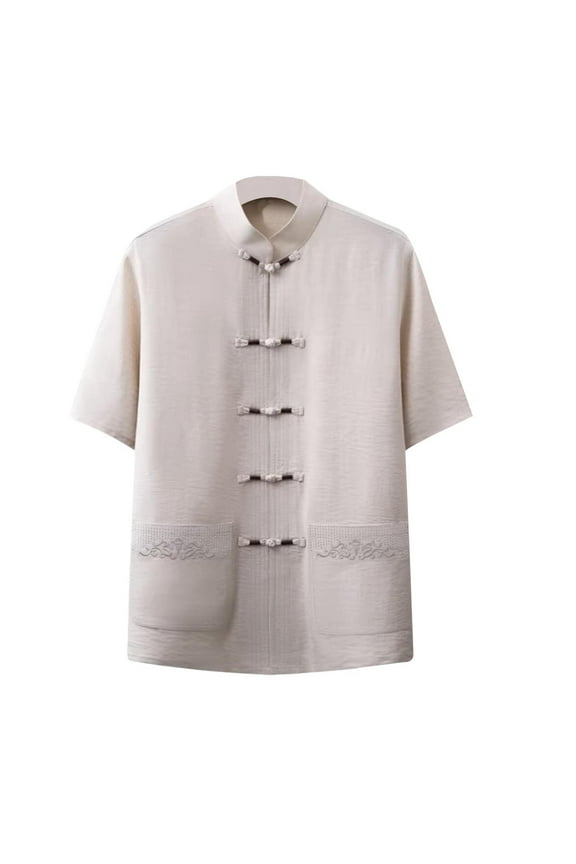 Mens Shirts Under $10 Men's Vintage Paisley Mandarin Collar Kung Fu Shirts Short Sleeve Chinese Traditional Tai Chi Frog-Button Shirt Beige XL