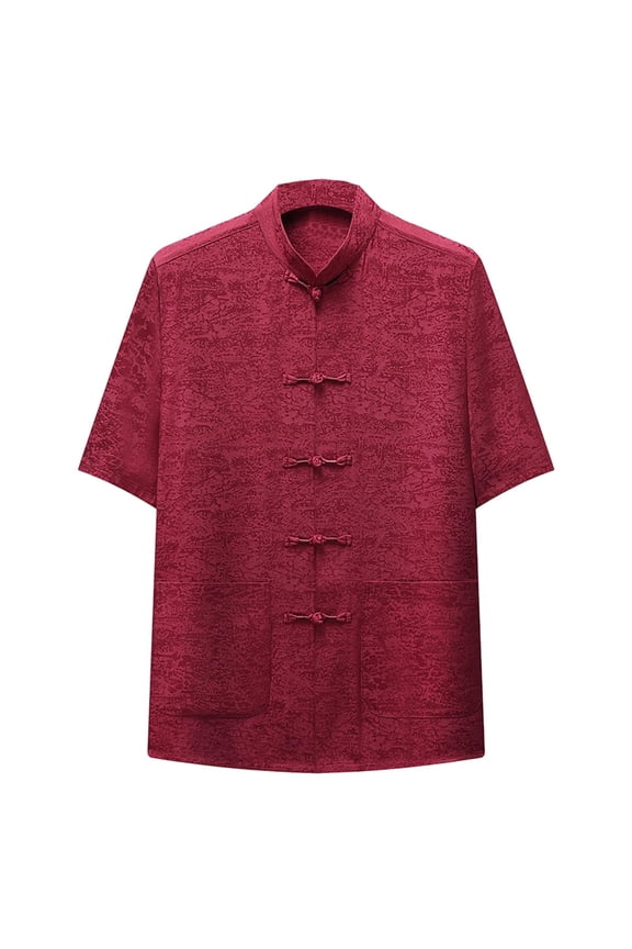 Mens Shirts Under $10 Men's Vintage Paisley Mandarin Collar Kung Fu Shirts Short Sleeve Chinese Traditional Tai Chi Frog-Button Shirt Red XL