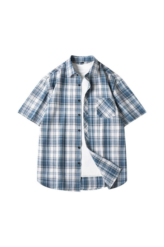 Mens Shirts Under $10 Men's Vintage Plaid Button Down Shirt Color Block Short Sleeve Casual Shirts Summer Business Casual Loose Dress Shirt Blue XXXL