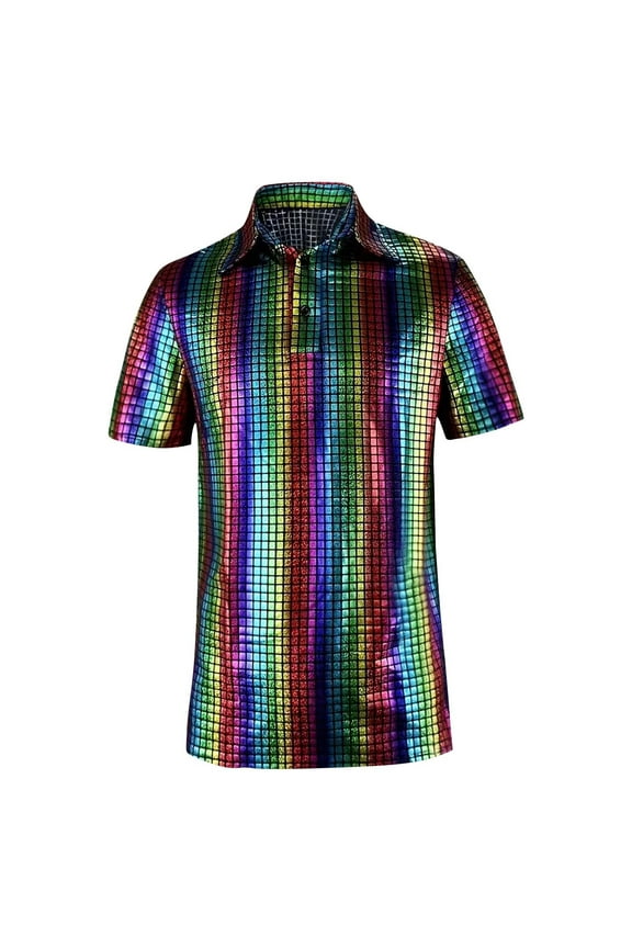 Mens Shirts Under $10 Mens 70s Disco Nightclub Party Shirt Relaxed Short Sleeve Button Lapel Blouses Fashion Shinny Sequins Tees Tops Multicolor L