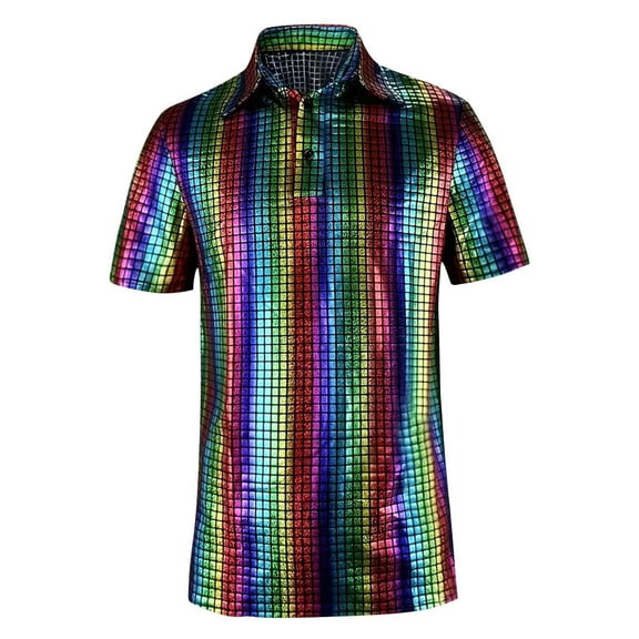 Mens Shirts Under $10 Mens 70s Disco Nightclub Party Shirt Relaxed Short Sleeve Button Lapel Blouses Fashion Shinny Sequins Tees Tops Multicolor M