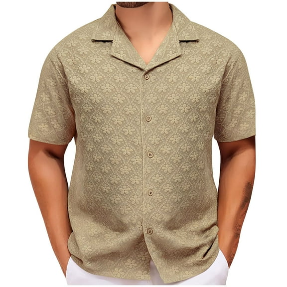 Mens Shirts Under $10 Mens Button Down Shirt Short Sleeve Turn-Down Collar Solid Shirts Summer Casual Tops Khaki XXXL
