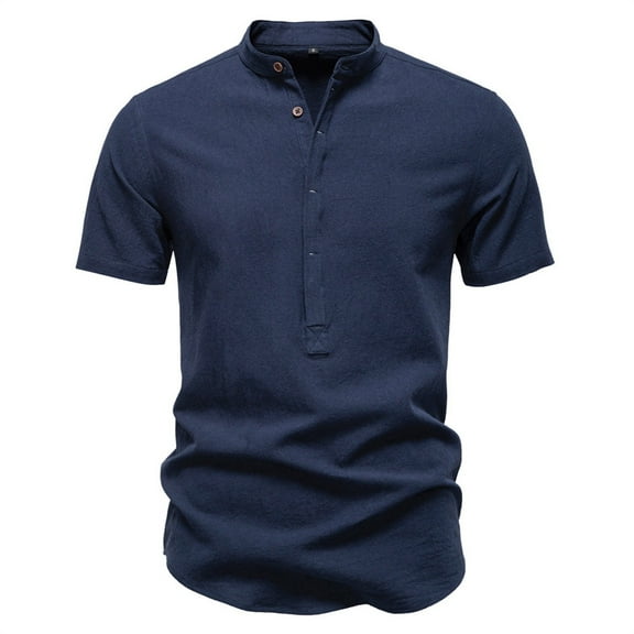 Mens Shirts Under $10 Mens Classic Fit Stand Collar Tops Casual Regular Fit Basic Designed Shirts Cotton Button Collar Short Sleeve Navy XXL