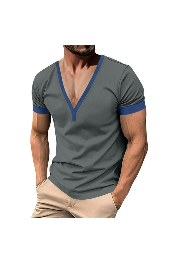 Mens Shirts Under $10 Mens Deep V Neck T Shirts Short Sleeve Button/No Button Lightweight Classic Collared Tee Shirt Slim Fit Plain