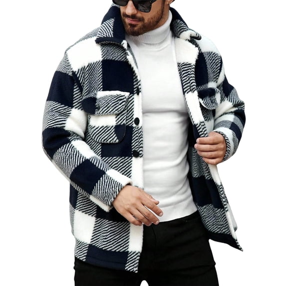 Mens Shirts Under $10 Mens Flannel Shirts Flip Collar Fleece Button Down Long Sleeve Plaid Shirt with Pockets Jackets Warm Winter Coat
