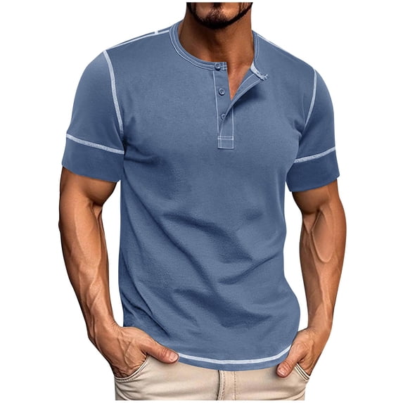 Mens Shirts Under $10 Mens Henley Shirts Short Sleeve Casual Basic Cotton Tee Summer Fashion Button T Shirts Blue M