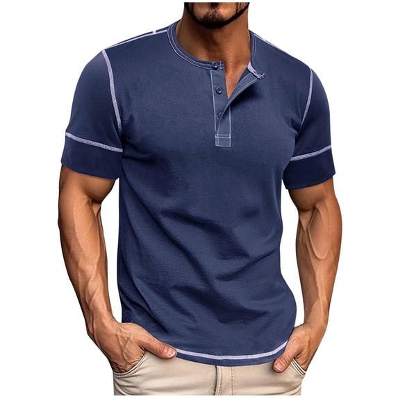 Mens Shirts Under $10 Mens Henley Shirts Short Sleeve Casual Basic Cotton Tee Summer Fashion Button T Shirts Dark Blue XXXL