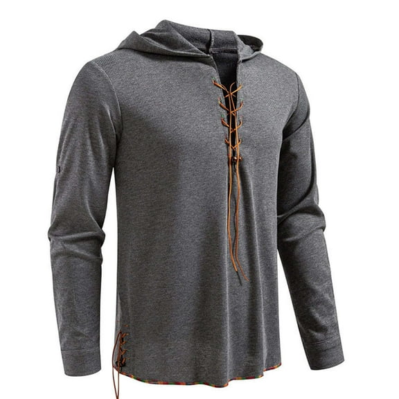 Mens Shirts Under $10 Mens Laceup Long Sleeve Drawstring Hooded Sweatshirt Muscle Fit T Shirts Gym Workout Pullover Tops