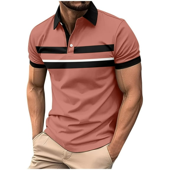 Mens Shirts Under $10 Mens Shirts Short Sleeve Retro Striped T-Shirts Men's Golf Button V Neck Tee Tops Moisture Wicking Regular Fit Pink XXXL
