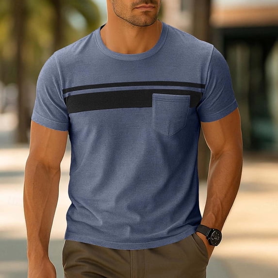 Mens Shirts Under $10 Mens T Shirts with Pocket Classic Striped Print Tee Short Sleeve Casual Crew Neck Tshirt Summer Outdoor Fahsion Tops