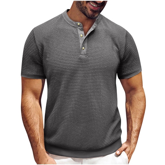 Mens Shirts Under $10 Mens Waffle Henley Shirts Basic T-Shirts 3 Button Solid Short Sleeve Summer Collarless Shirts Gray L