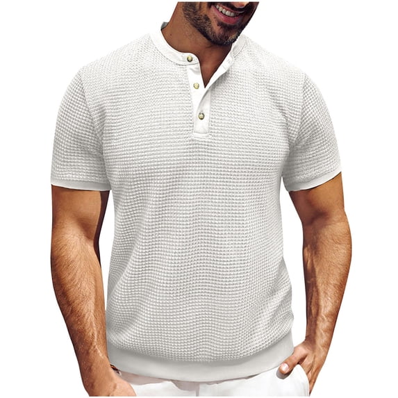 Mens Shirts Under $10 Mens Waffle Henley Shirts Basic T-Shirts 3 Button Solid Short Sleeve Summer Collarless Shirts White M