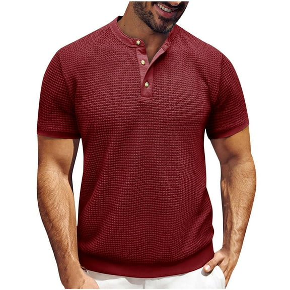 Mens Shirts Under $10 Mens Waffle Henley Shirts Basic T-Shirts 3 Button Solid Short Sleeve Summer Collarless Shirts Wine XXL