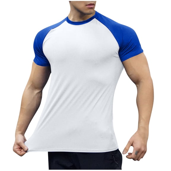 Mens Shirts Under $10 Mens Workout T Shirts Quick Dry Slim Fit Short Sleeve Stretch T-Shirt Color Block Casual Stretch Gym Workout Running Blue XL