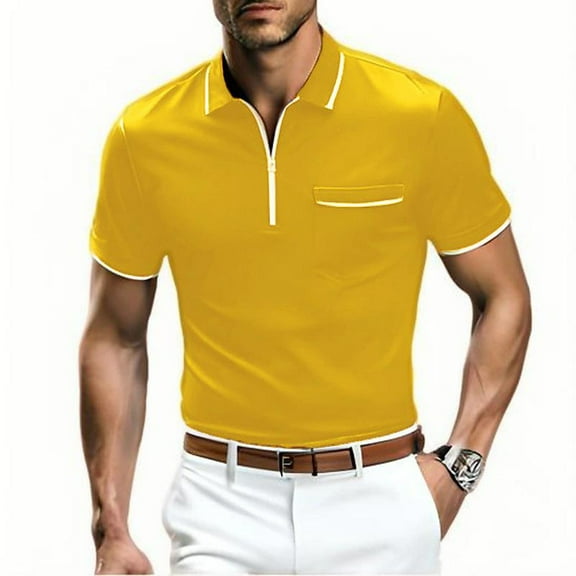 Mens Shirts Under $10 Mens Zipper Shirts Casual Shirts Short Sleeve,Stretch Slim Fit Golf Shirts,Soft Pullover Lightweight Summer Top Gold XXL
