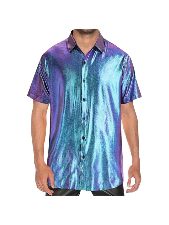 Mens Shirts Under $10 Metallic Tops Men Sparkle Shiny Rave Party Concert Shirts Short Sleeve Festive Bling Disco Vintage Button Up Shirt Multicolor S