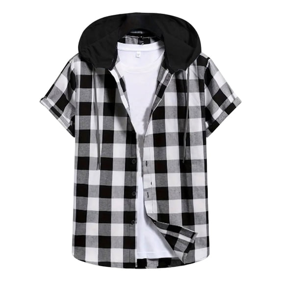 Mens Shirts Under $10 Plaid Drawstring Hoodies for Men Casual Button Down Short Sleeve Shirt Summer Stylish Color Block Loose Shirts Tops White M