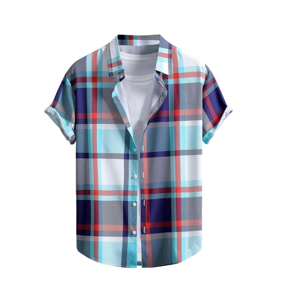 Mens Shirts Under $10 Plaid Shirt Men Summer Short Sleeve Button Down Shirts Vintage Lightweight Casual Collared T-Shirt Untucked Beach Outfit Navy S