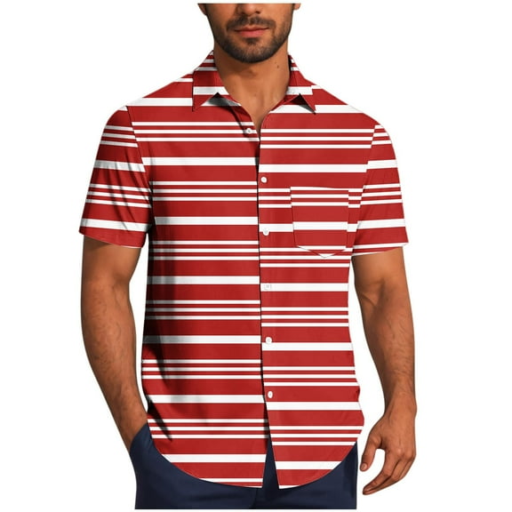 Mens Shirts Under $10 Striped Shirts for Men 2026 Summer Button Down Lapel Shirts Casual Short Sleeve Tee Tops Vacation Beach T Shirts Red L