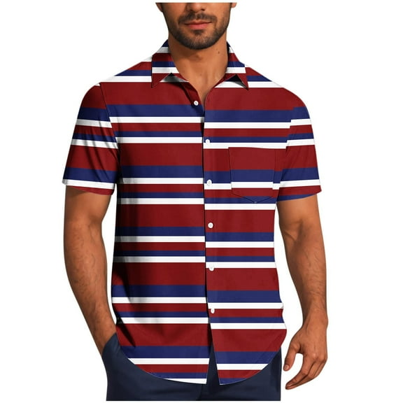 Mens Shirts Under $10 Striped Shirts for Men 2026 Summer Button Down Lapel Shirts Casual Short Sleeve Tee Tops Vacation Beach T Shirts Wine M