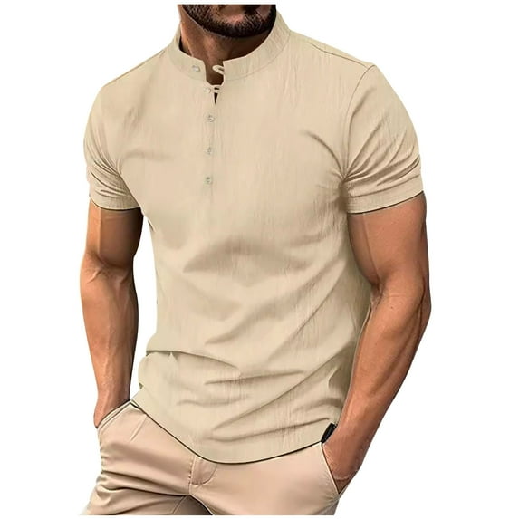 Mens Shirts Under $10 T Shirts for Men Fashion Muslim Style Stand Collared Short Sleeve Button Up Henley T-Shirts Regular Fit Bowling Tops Beige M