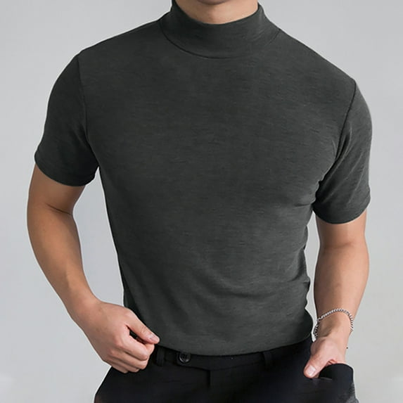 Mens Shirts Under $5 Summer Casual Solid Color Short Sleeve High Round Neck Collar Blouse Tops Mens New arrivals Size S-5XL
