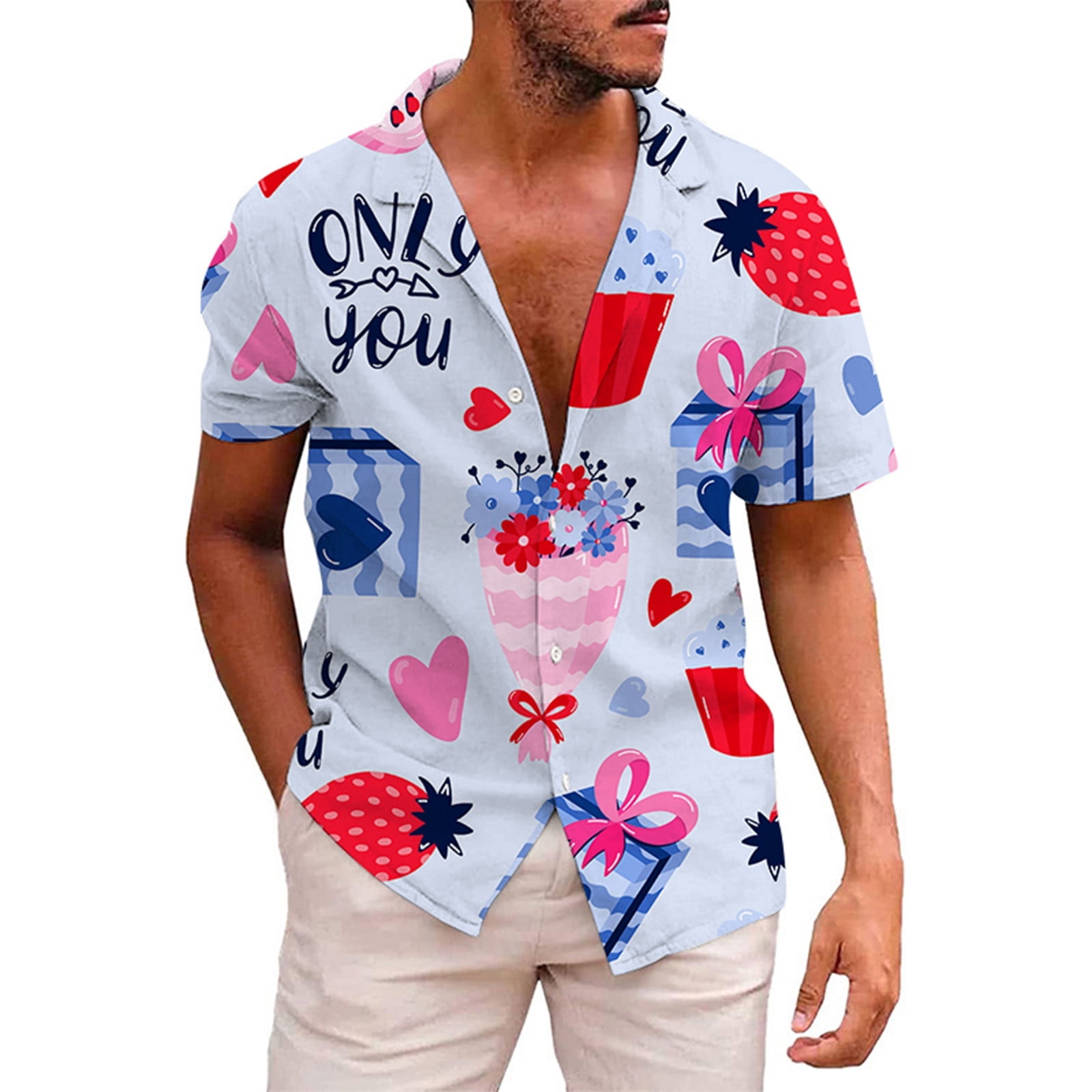 Mens Shirts Valentine's Day Short Sleeve Autumn Casual Green 3D