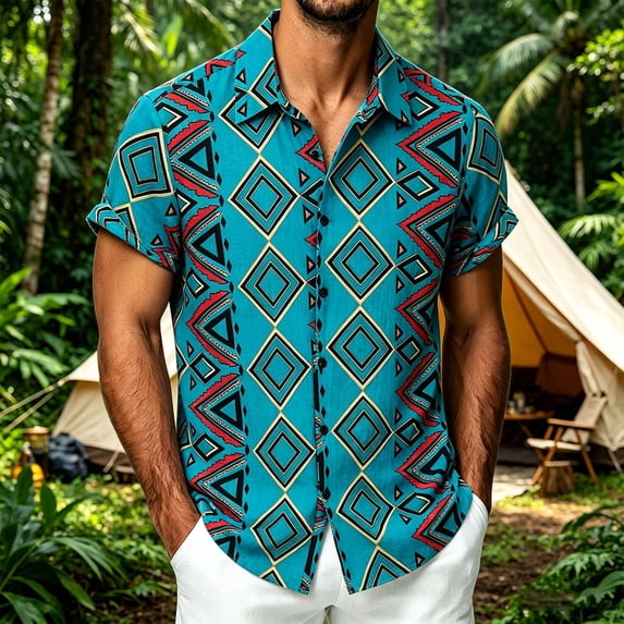 Mens Shirts Vintage Print Summer Short Sleeve Lightweight Casual Button Up Top Beach Hawaiian Loose Light Blue Shirt