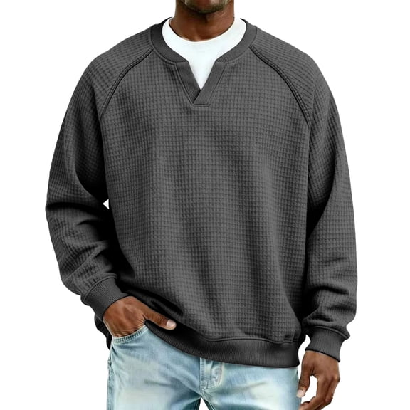 Mens Shirts Waffle Knit Long Sleeve T Shirt Fashion Casual Relaxed Fit V Neck Shirts