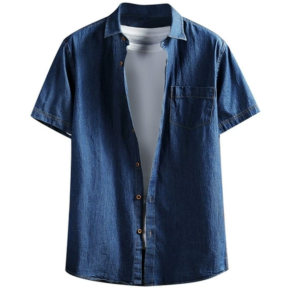 Mens Shirts Washed Denim Short Sleeve Button Down Lapel Blouses Thinl Lightweight Slim Fit Casua Summer Tops Dark Blue L