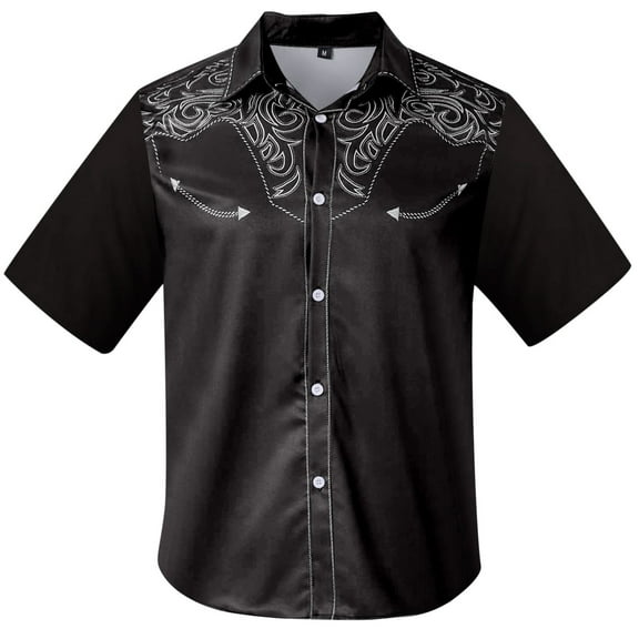 Mens Shirts Western Cowboy 3D Printed Short Sleeve Button Down Lapel Business Blouses Casual Loose Comfortable Summer Tops Black L