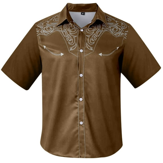Mens Shirts Western Cowboy 3D Printed Short Sleeve Button Down Lapel Business Blouses Casual Loose Comfortable Summer Tops Brown XXXL