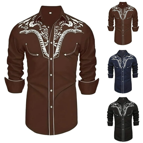 Mens Shirts Western Cowboy Embroidered Long Sleeve Button Down Lapel Business Tops Casual Fall Comfy Lightweight Dress Shirts for Men Brown XXL