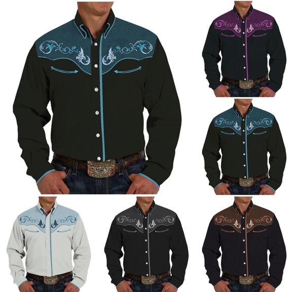 Mens Shirts Western Cowboy Embroidered Long Sleeve Button Down Lapel Business Tops Casual Fall Comfy Lightweight Dress Shirts for Men Light Blue XL