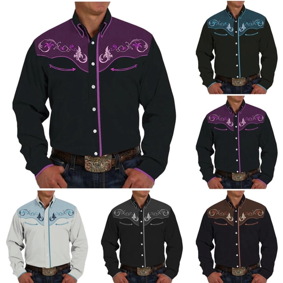 Mens Shirts Western Cowboy Embroidered Long Sleeve Button Down Lapel Business Tops Casual Fall Comfy Lightweight Dress Shirts for Men Purple M