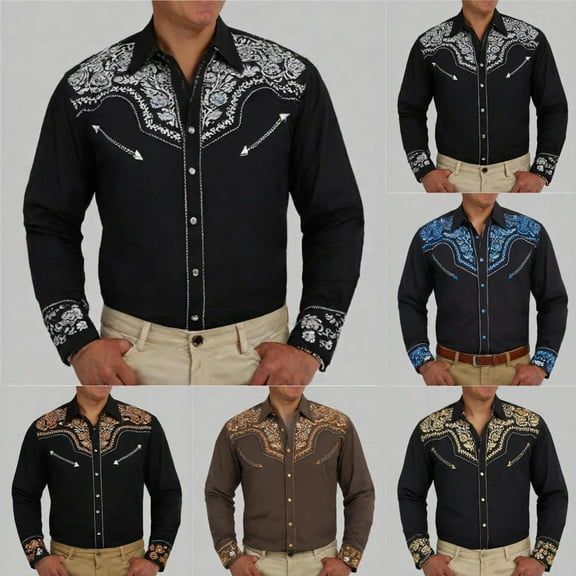 Mens Shirts Western Cowboy Embroidered Long Sleeve Button Down Lapel Tops Business Casual Fall Comfy Lightweight Dress Shirts for Men Grey XXL