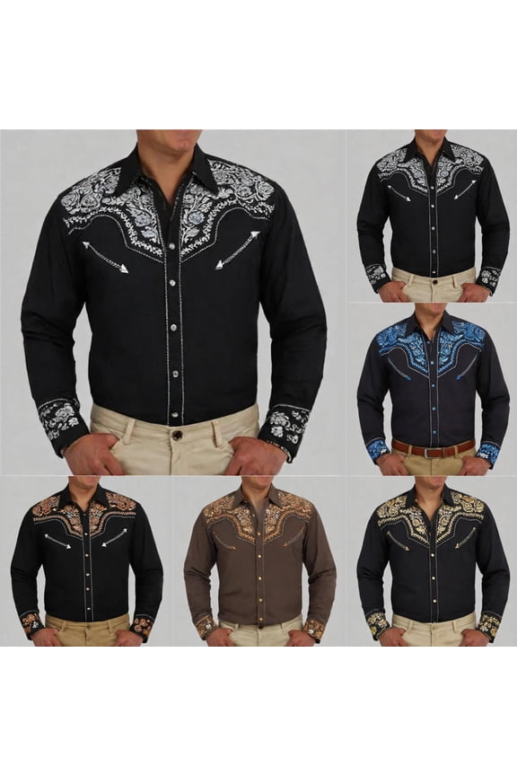 Mens Shirts Western Cowboy Embroidered Long Sleeve Button Down Lapel Tops Business Casual Fall Comfy Lightweight Dress Shirts for Men Grey XXL