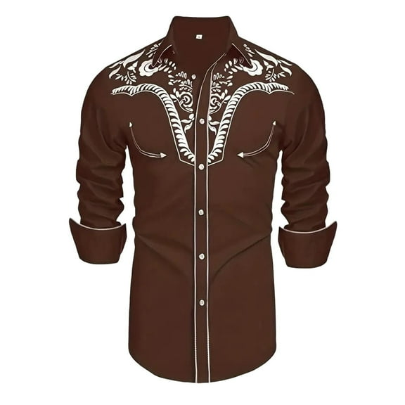 Mens Shirts Western Cowboy Long Sleeve Embroidered Slim Fit Button Down Pockets Mens Performance Polos,Brown,XL