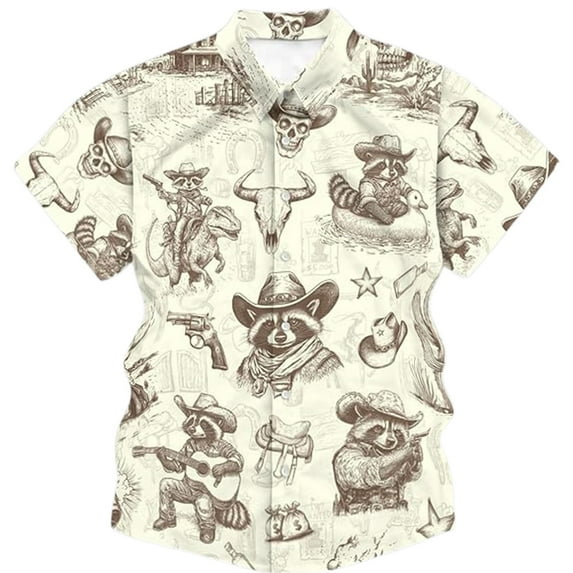 Mens Shirts Western Cowboy Raccoon Print Button Up Lapel Short Sleeve Shirts Casual Classic Fit Breathable Trendy Tops